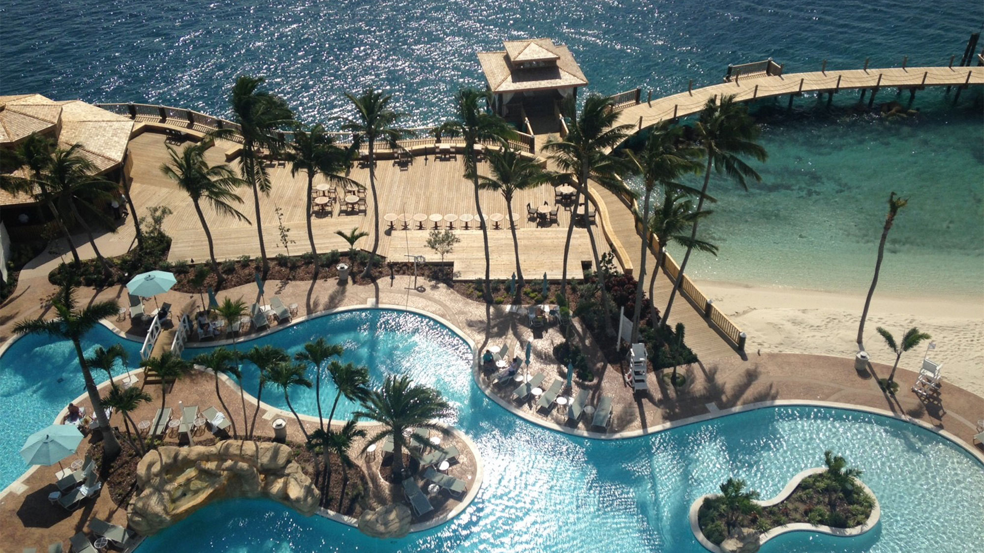 The view from a harbor view room at the Warwick Paradise Island overlooking the pool area.