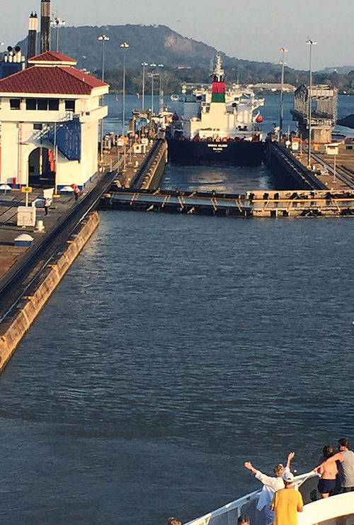 A freighter moves through the Miraflores locks of the Panama Canal ahead of Windstar Cruises’ Star Pride. A freighter moves through the Miraflores locks of the Panama Canal ahead of Windstar Cruises’ Star Pride.