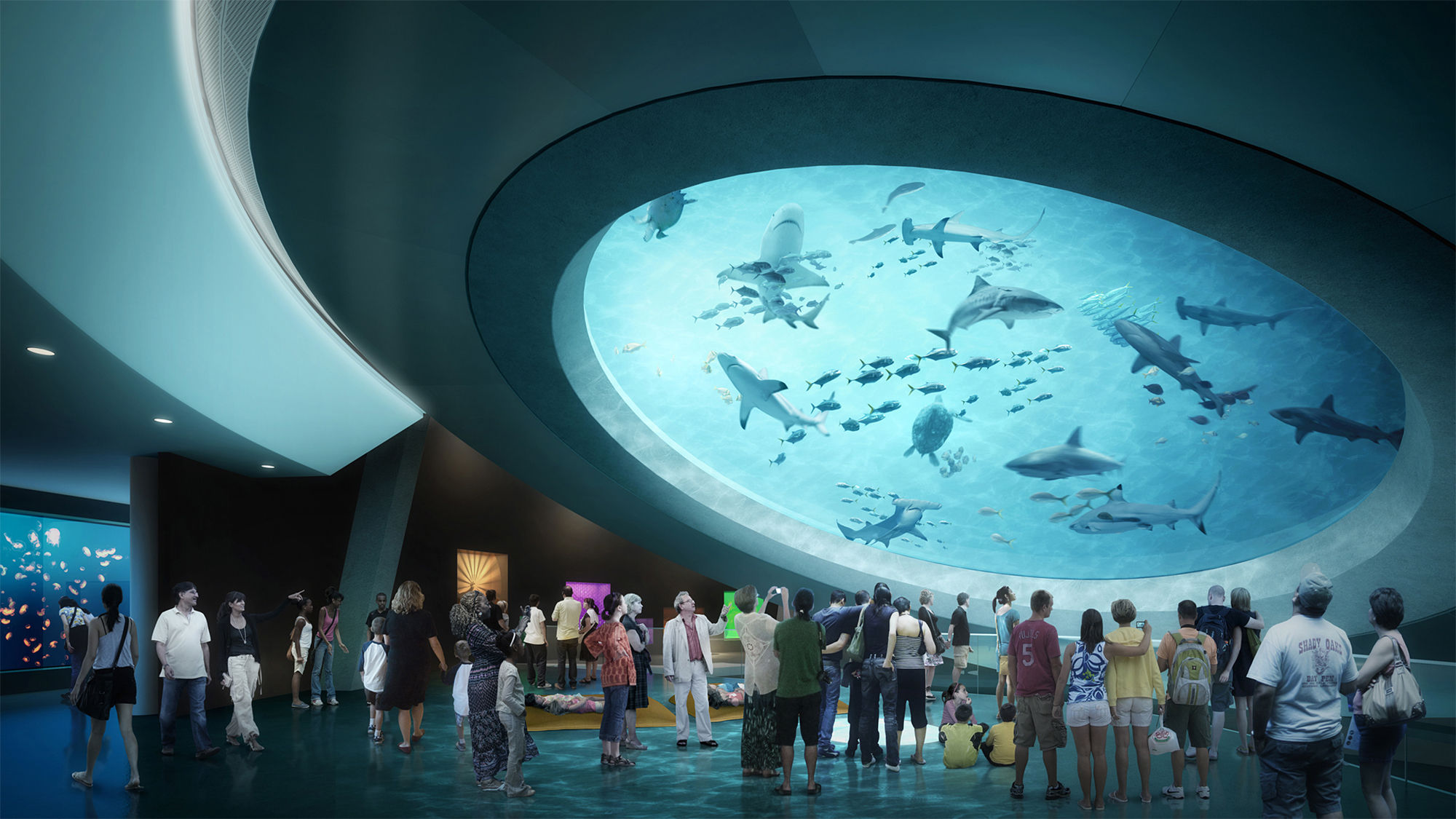 Rendering of the aquarium mezzanine at the Phillip and Patricia Frost Museum of Science in Miami.