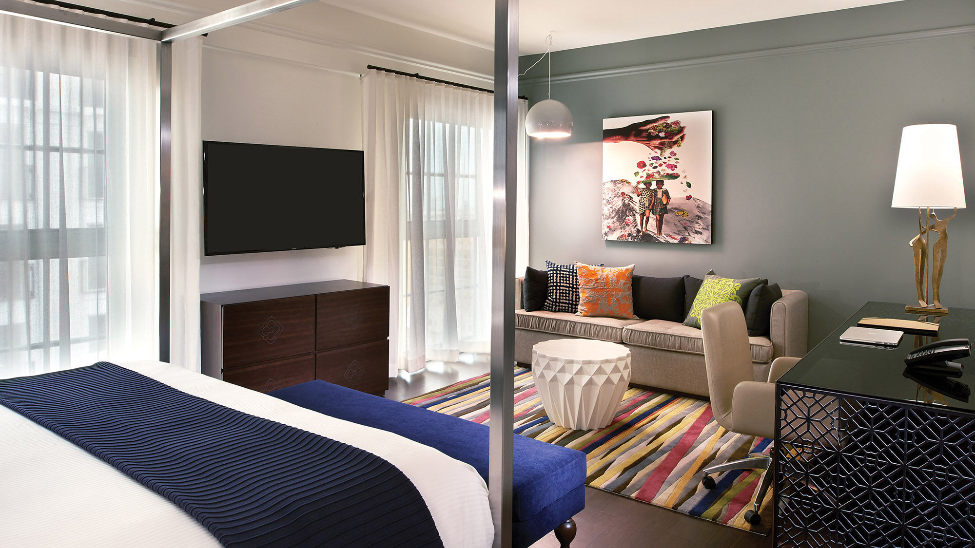 A guestroom at the Hotel Colonnade in Coral Gables, Fla., located on the site of the building that housed the sales office of city founder George Merrick.