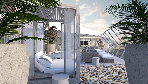 The veranda of the Iconic Suite sits above the wing of the bridge, complete with a Jacuzzi and sun chairs. The veranda of the Iconic Suite sits above the wing of the bridge, complete with a Jacuzzi and sun chairs.