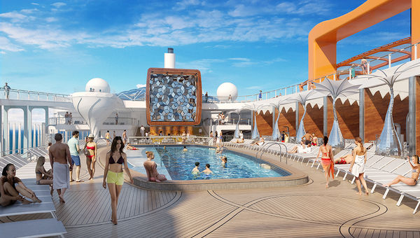The Celebrity Edge pool deck will feature elevated, tulip-shaped hot tubs and cabanas with 20-foot ceilings. The Celebrity Edge pool deck will feature elevated, tulip-shaped hot tubs and cabanas with 20-foot ceilings.