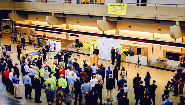 Officials gathered at Pittsburgh Airport in February to celebrate Spirit’s announcement that it would bring service there this summer with seven routes. Officials gathered at Pittsburgh Airport in February to celebrate Spirit’s announcement that it would bring service there this summer with seven routes.
