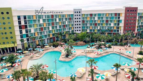 The pool and lazy river at Universal's '50s-style Cabana Bay Beach Resort.
