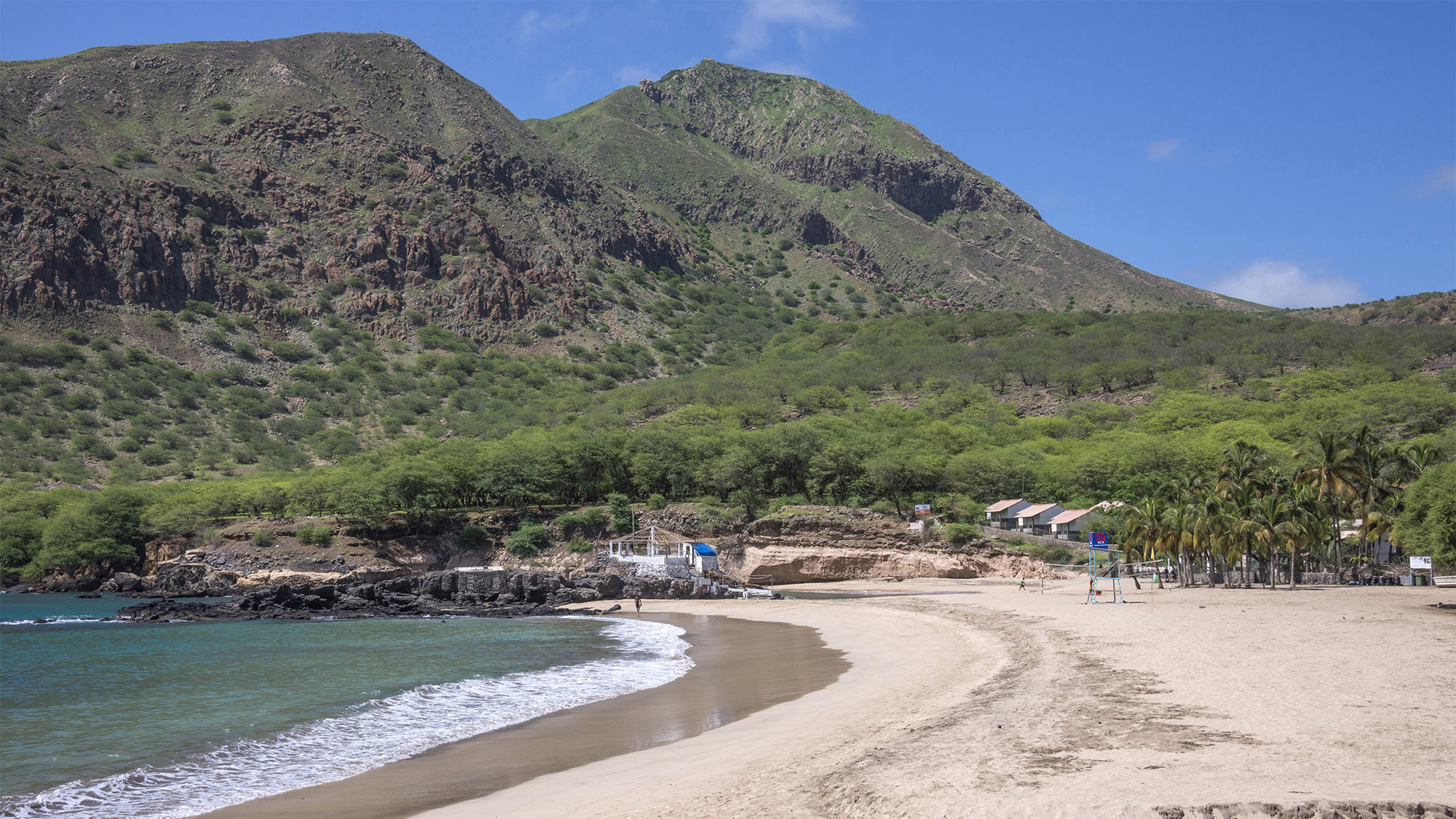 Cape Verde's Santiago Island offers diverse landscapes, from white, sandy beaches to green, mountainous peaks.