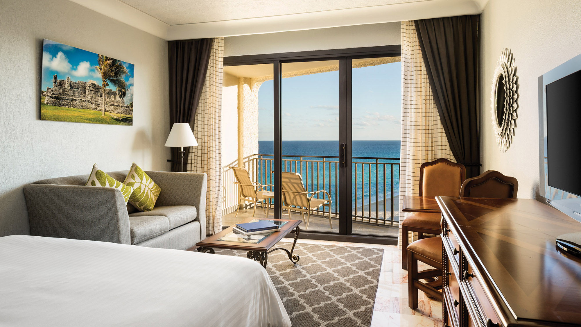 A king guestroom with an ocean view at the CasaMagna Marriott Cancun Resort. The property completed a $25 million room renovation last year.