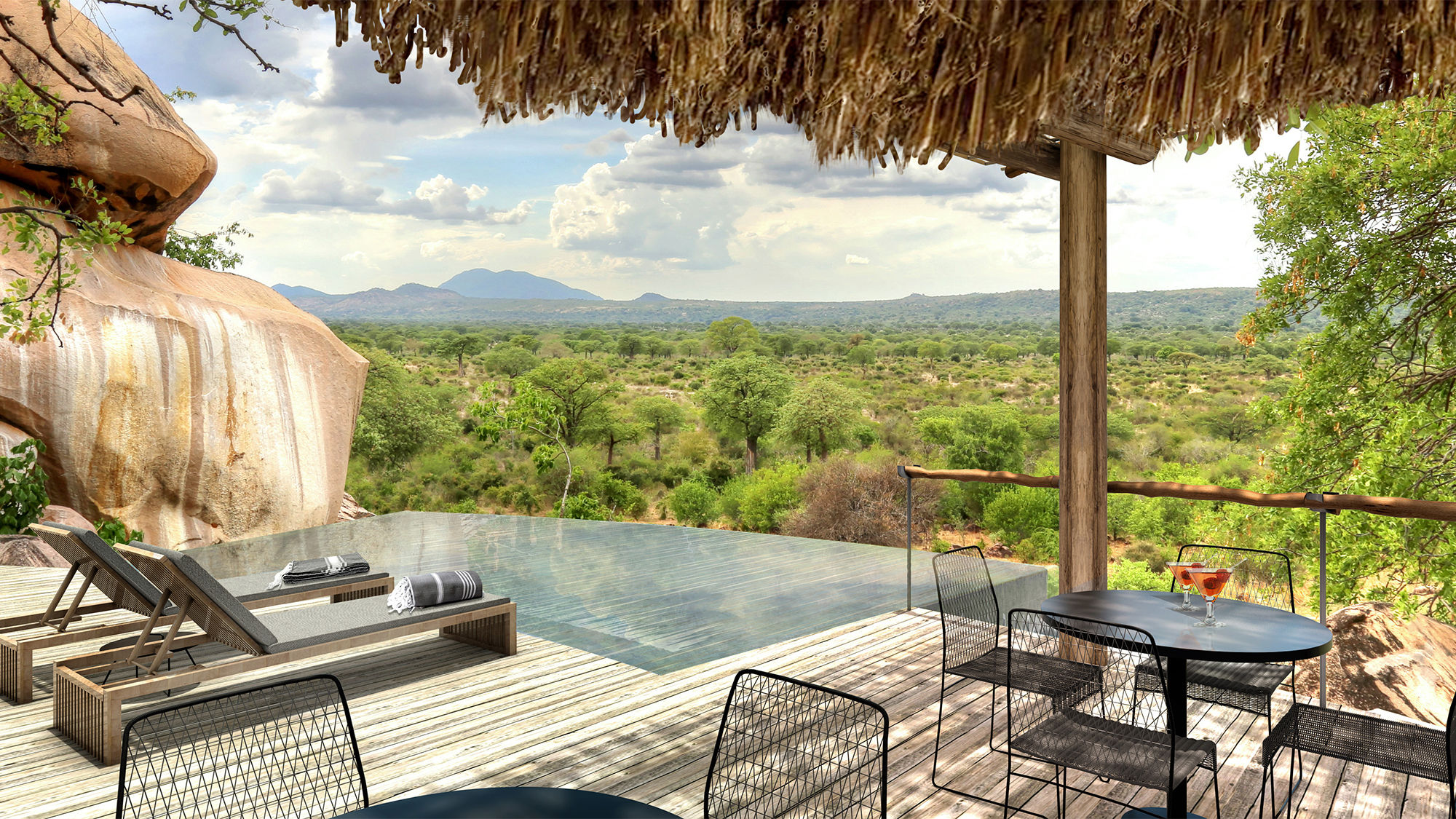 Rendering of the infinity pool and lounge deck at Jabali Ridge in Tanzania's Ruaha National Park.