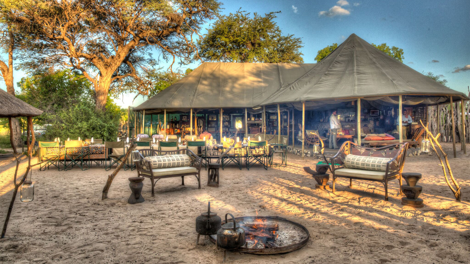 The common area of Meno a Kwena in the Makgadikgadi Pans National Park in Botswana.