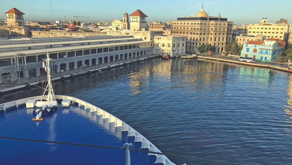 Oceania Cruises’ 1,250-passenger Marina makes its first approach to the Havana cruise terminal in March.