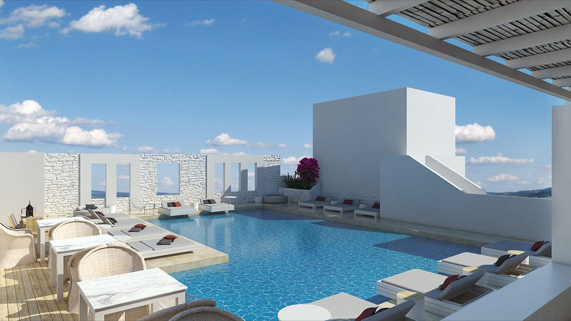 The rooftop pool at the Mr. and Mrs. White New Style Hotel in Paros, Greece.