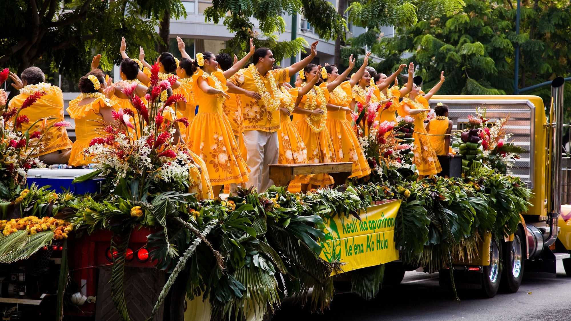 A float in the Aloha Festivals annual floral parade makes its way from Ala Moana Park to Kapiolani Park.