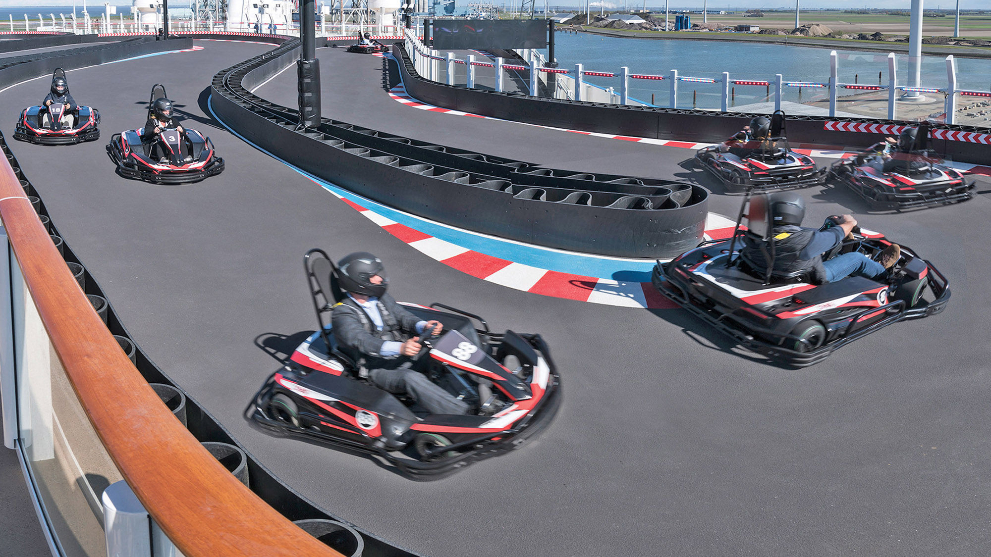 The Norwegian Joy is the first cruise ship outfitted with an onboard racetrack. The 787-foot track features go-karts dressed up as race cars, and guests participate in a three-minute competition.