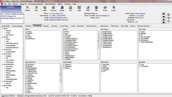 A leisure traveler profile in ClientBase, which Sabre has operated for 10 years, and was designed to give agents insights about their customers they can use to both increase productivity and provide more personalized service to clients. A leisure traveler profile in ClientBase, which Sabre has operated for 10 years, and was designed to give agents insights about their customers they can use to both increase productivity and provide more personalized service to clients.