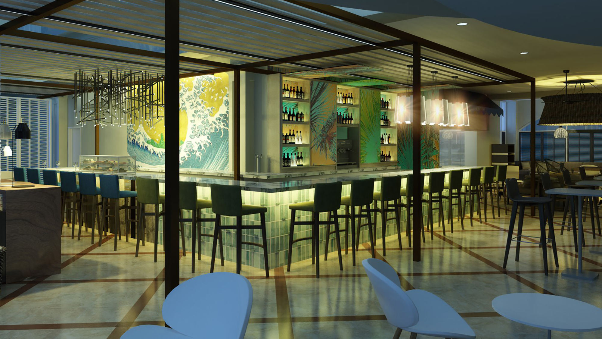 Rendering of the new lobby bar at the St. Kitts Marriott Resort & The Royal Beach Casino.