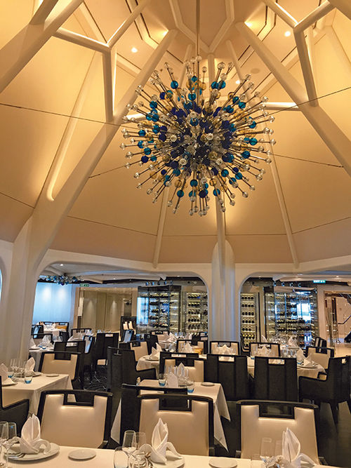 The Restaurant on the Seabourn Encore is curved. Tihany said his theme for the Encore was "private yacht." The Restaurant on the Seabourn Encore is curved. Tihany said his theme for the Encore was "private yacht."