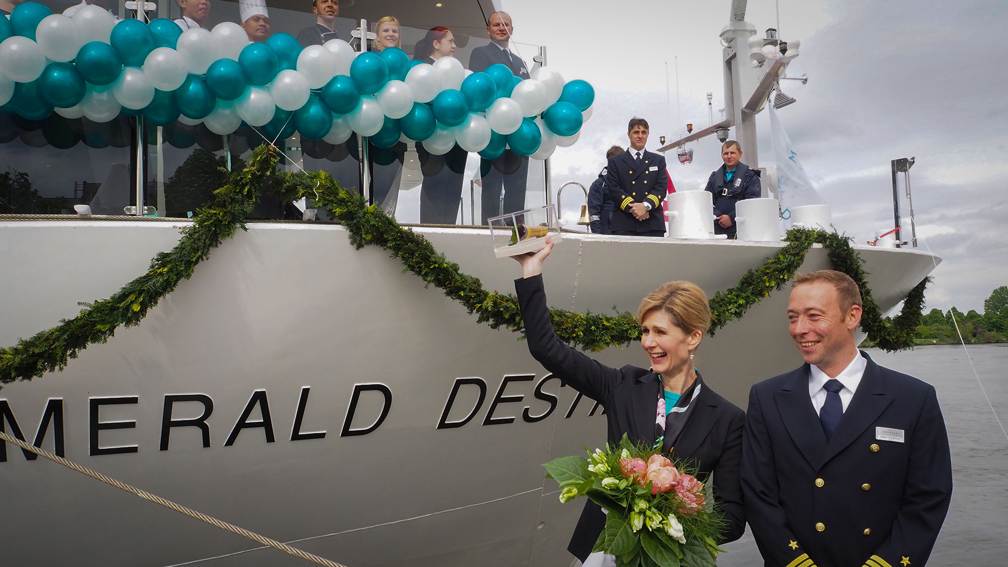 Emerald Destiny godmother Coleen Christie with the ship’s captain.