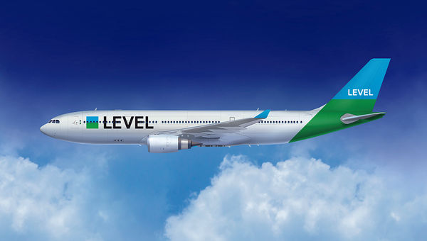 A rendering of a Level airplane, a new low-cost carrier run by the International Airlines Group. Level will begin offering flights between Barcelona and California in June.