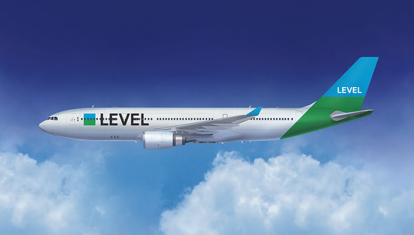 A rendering of a Level airplane, a new low-cost carrier run by the International Airlines Group. Level will begin offering flights between Barcelona and California in June.