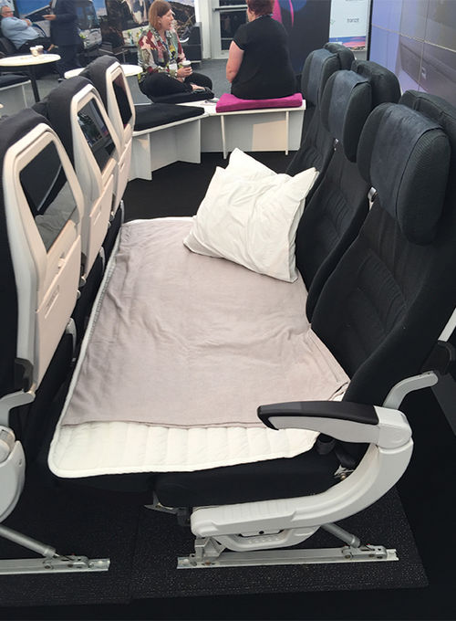The Skycouch enables passengers to turn their three economy seats into a couch long enough for children to sleep on it.