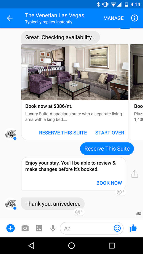 The Venetian's Facebook Messenger chatbot will now let you reserve a room right in the app. The Venetian's Facebook Messenger chatbot will now let you reserve a room right in the app.