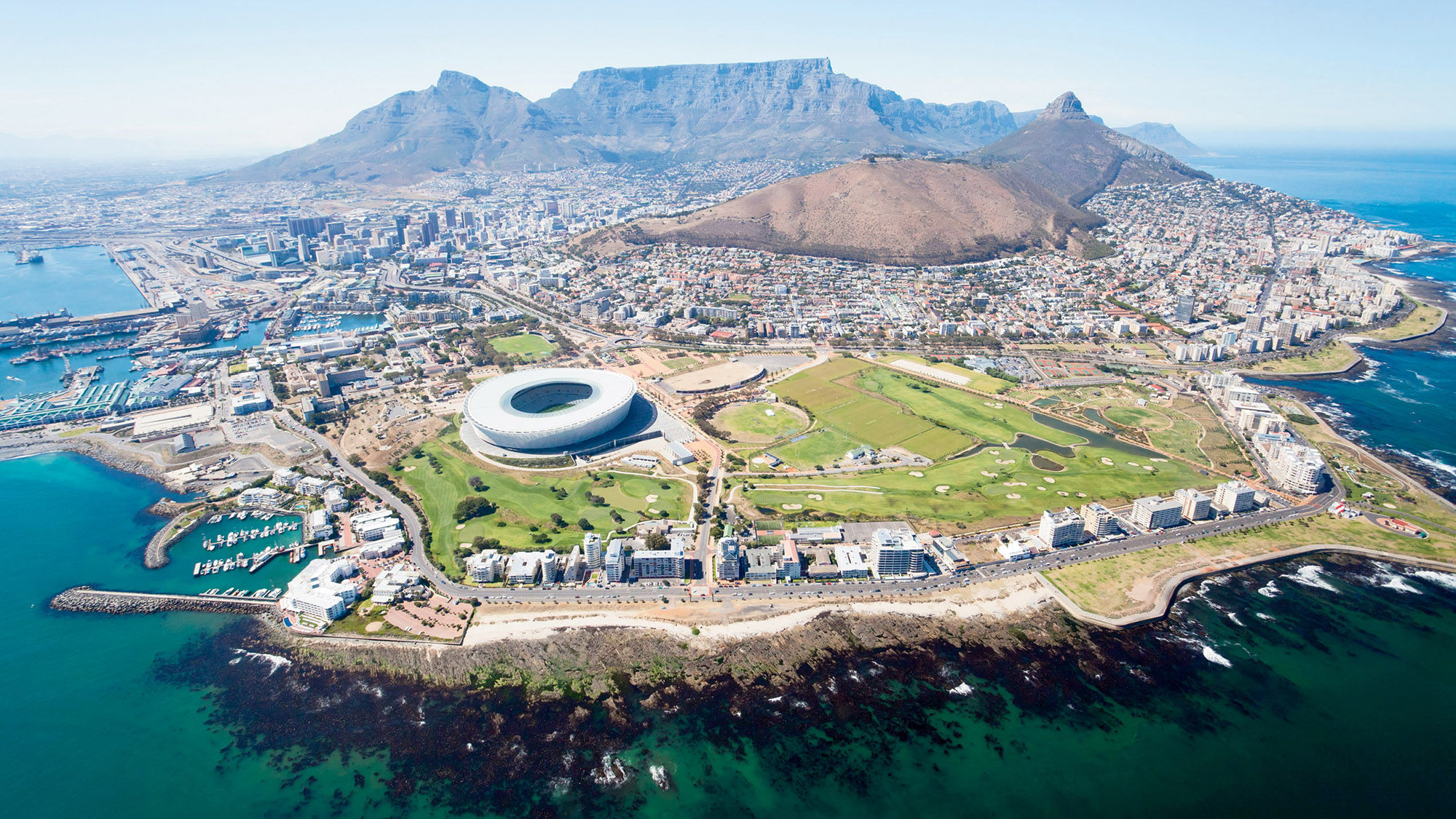 An aerial view of Cape Town, the second most populous city in South Africa.