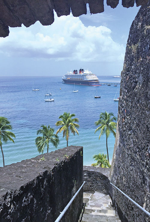 The Disney Magic at the Pointe Simon dock in Fort-de-France as seen from Fort Saint-Louis in Martinique.