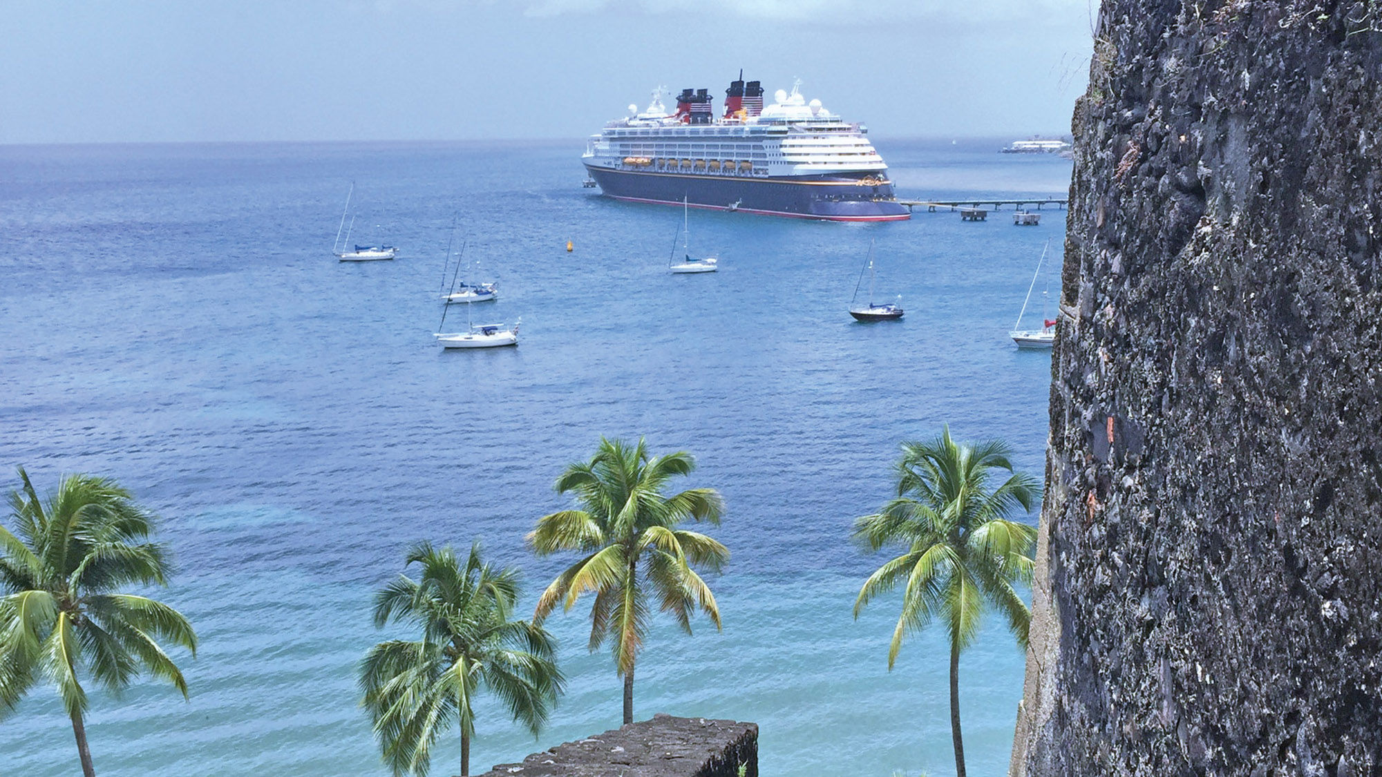 The Disney Magic at the Pointe Simon dock in Fort-de-France as seen from Fort Saint-Louis in Martinique.