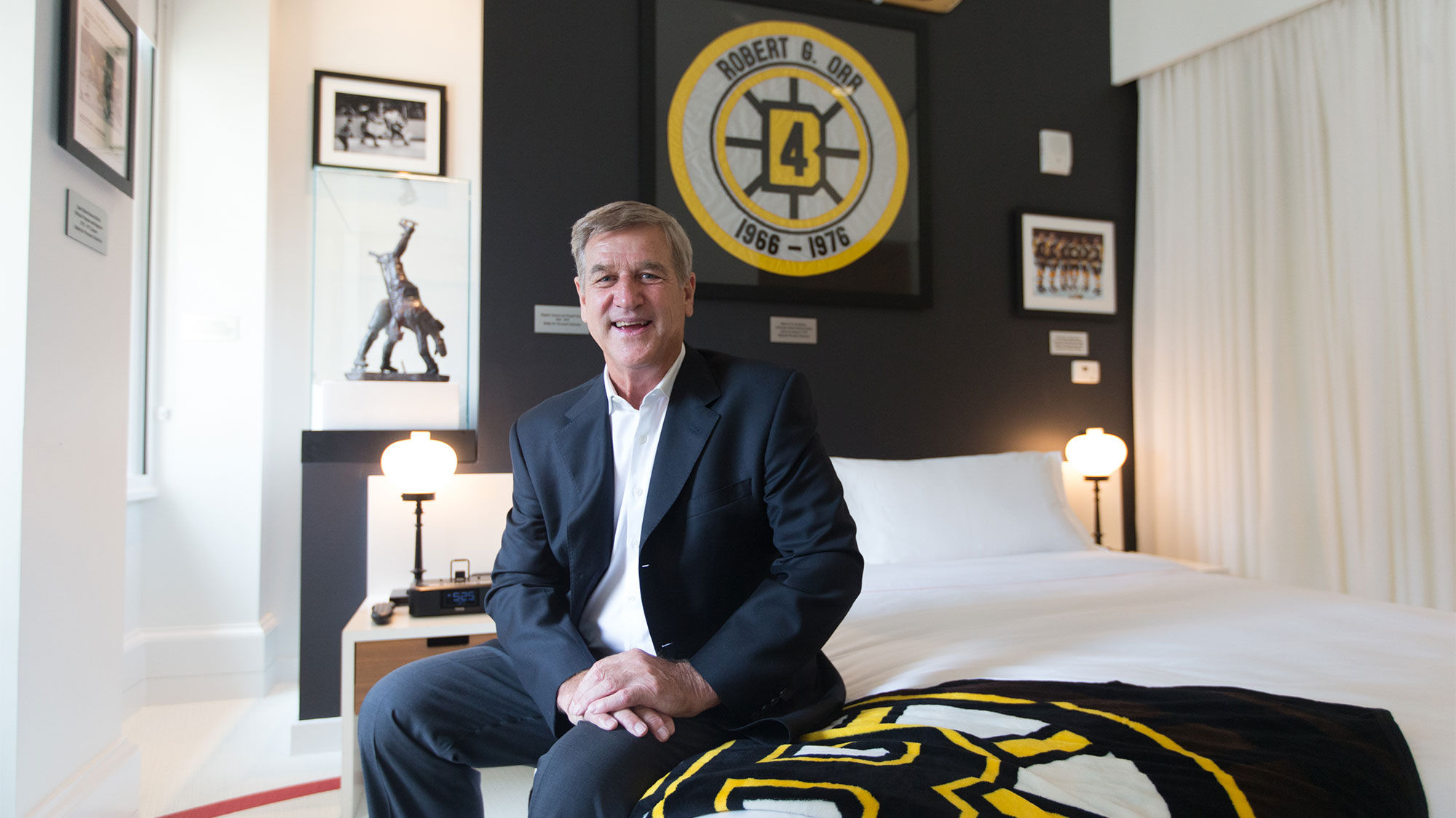 Former Bruin great Bobby Orr in the Ames Boston Hotel suite that bears his name.