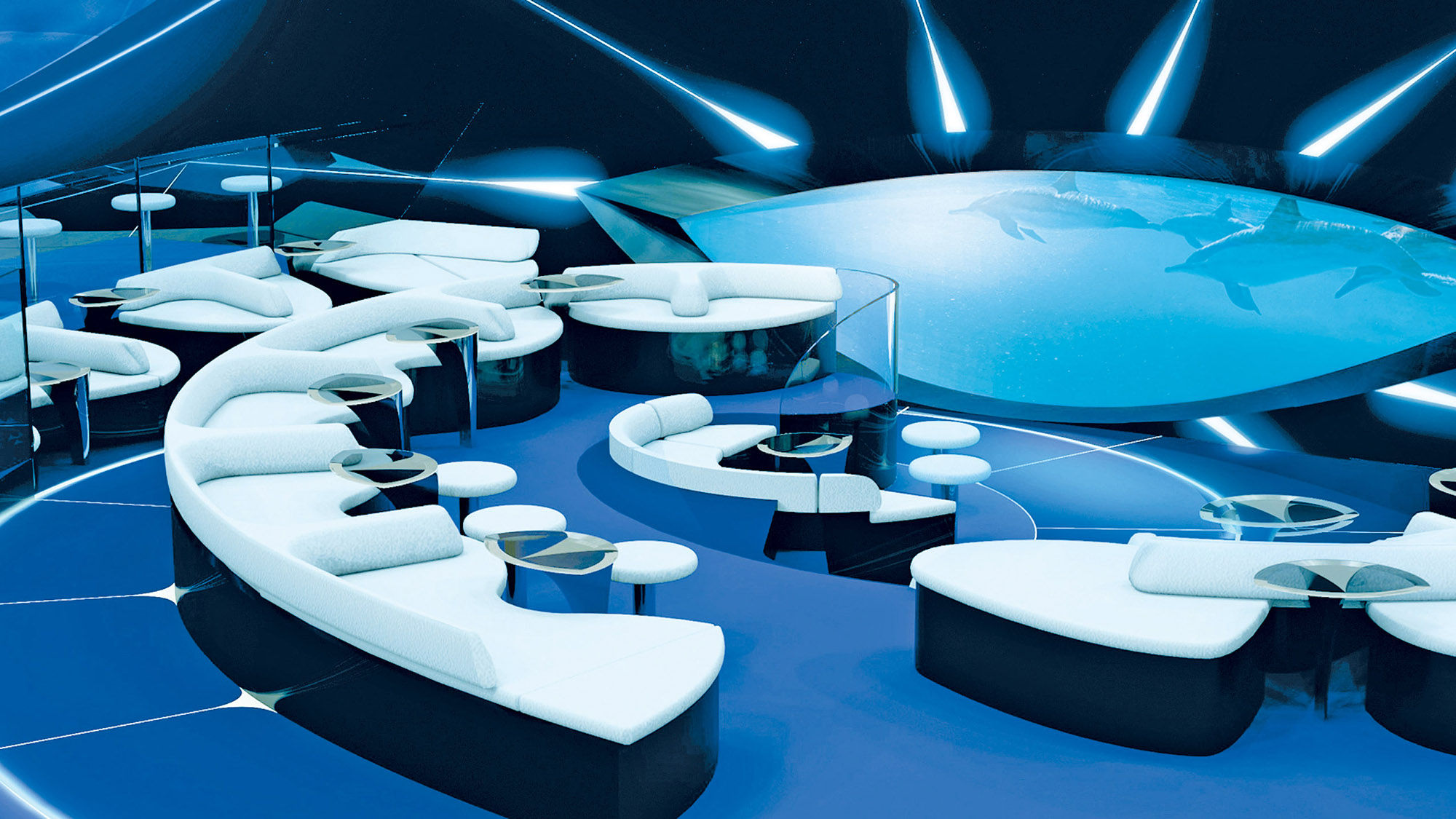 A rendering of the Blue Eye underwater lounge to debut on Ponant’s new ship, Le Laperouse.
