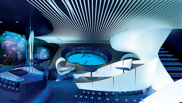 The Blue Eye lounge will have submarine-like windows shaped like whale’s eyes, inspired by Jules Verne’s “20,000 Leagues Under the Sea.” The Blue Eye lounge will have submarine-like windows shaped like whale’s eyes, inspired by Jules Verne’s “20,000 Leagues Under the Sea.”