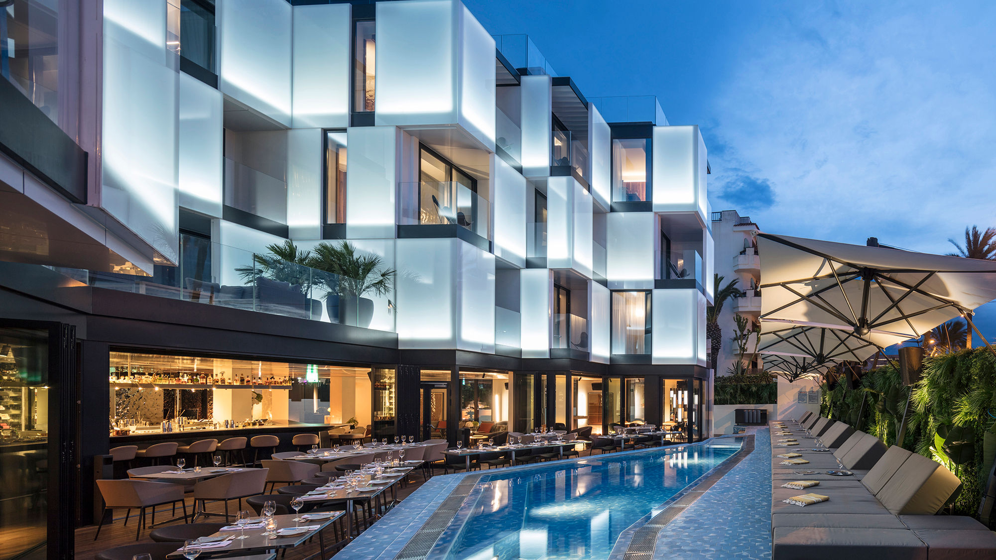 Amenities at the Sir Joan, Ibiza include two restaurants and a swimming pool with cabanas.