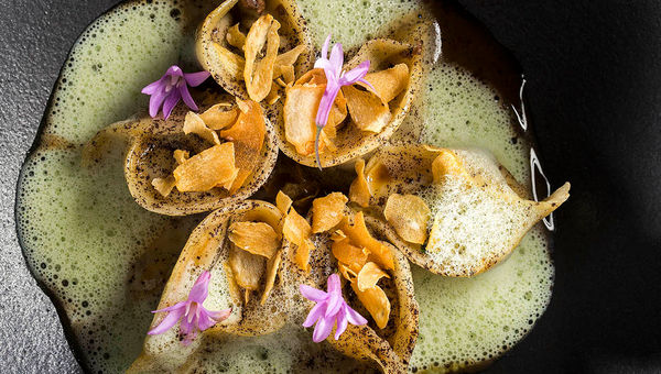 Beef cheek and bone marrow dumpling from Sparrow + Wolf.