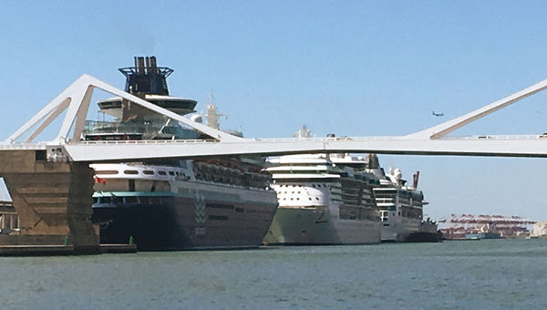 Cruise ships at their piers at the mouth of Barcelona’s harbor. The city is the sixth-busiest cruise port in the world, with 2.5 million cruisers visiting each year. Cruise ships at their piers at the mouth of Barcelona’s harbor. The city is the sixth-busiest cruise port in the world, with 2.5 million cruisers visiting each year.