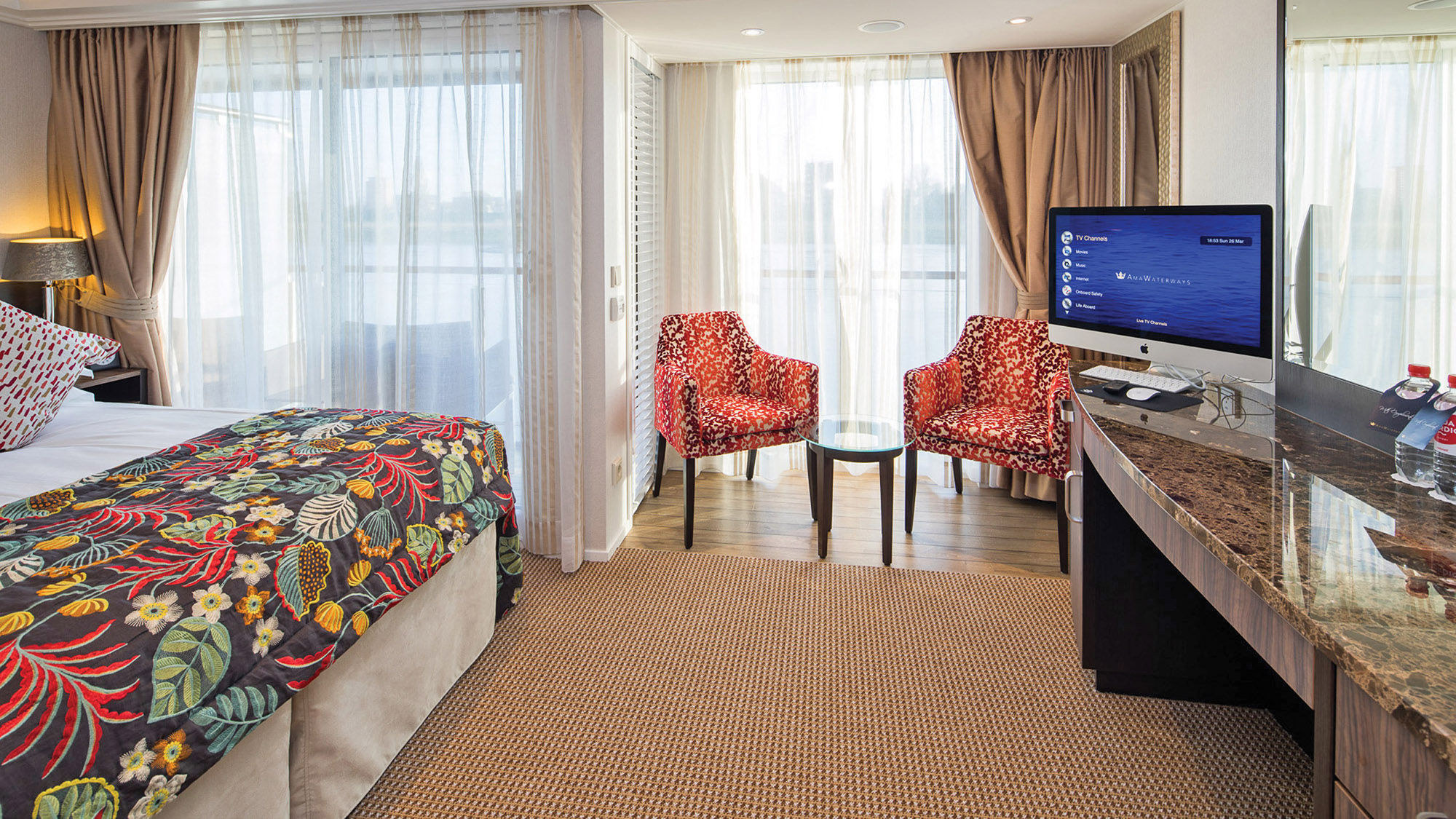 Adventures by Disney has partnered with AmaWaterways for Rhine sailings. Pictured, the the twin-balcony concept in the staterooms onboard the AmaKristina.