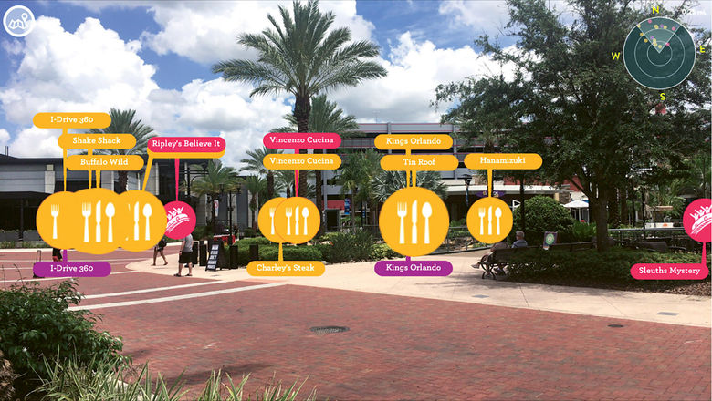 Visit Orlando’s app includes AR functionality that superimposes nearby points of interest, like dining and attractions, over a user’s camera view on a smartphone.