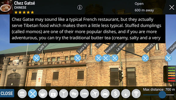All of mTrip Mobile Solutions’ apps include augmented reality functionality, overlaying points of interest like restaurants and attractions using a smartphone’s camera view. All of mTrip Mobile Solutions’ apps include augmented reality functionality, overlaying points of interest like restaurants and attractions using a smartphone’s camera view.
