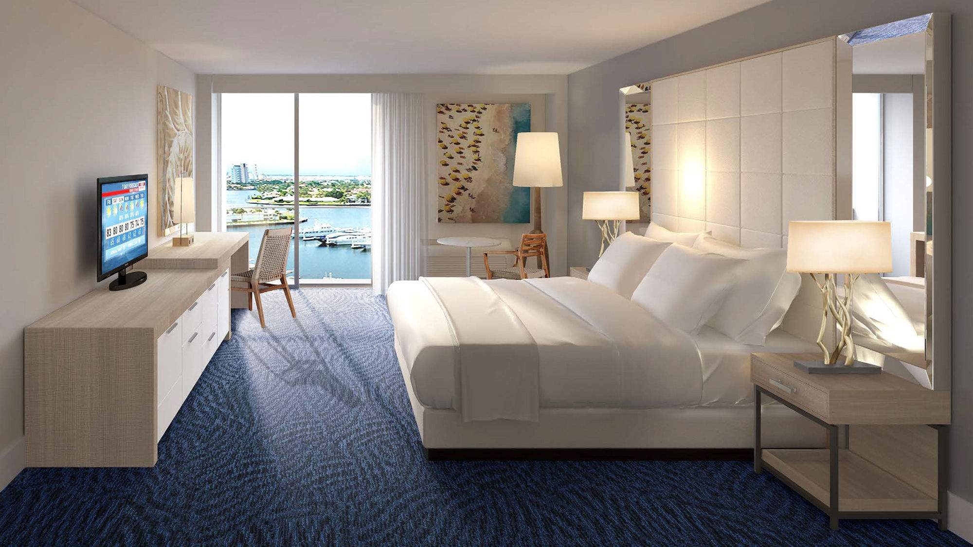 A rendering of a redesigned guestroom at the Bahia Mar Fort Lauderdale Beach.
