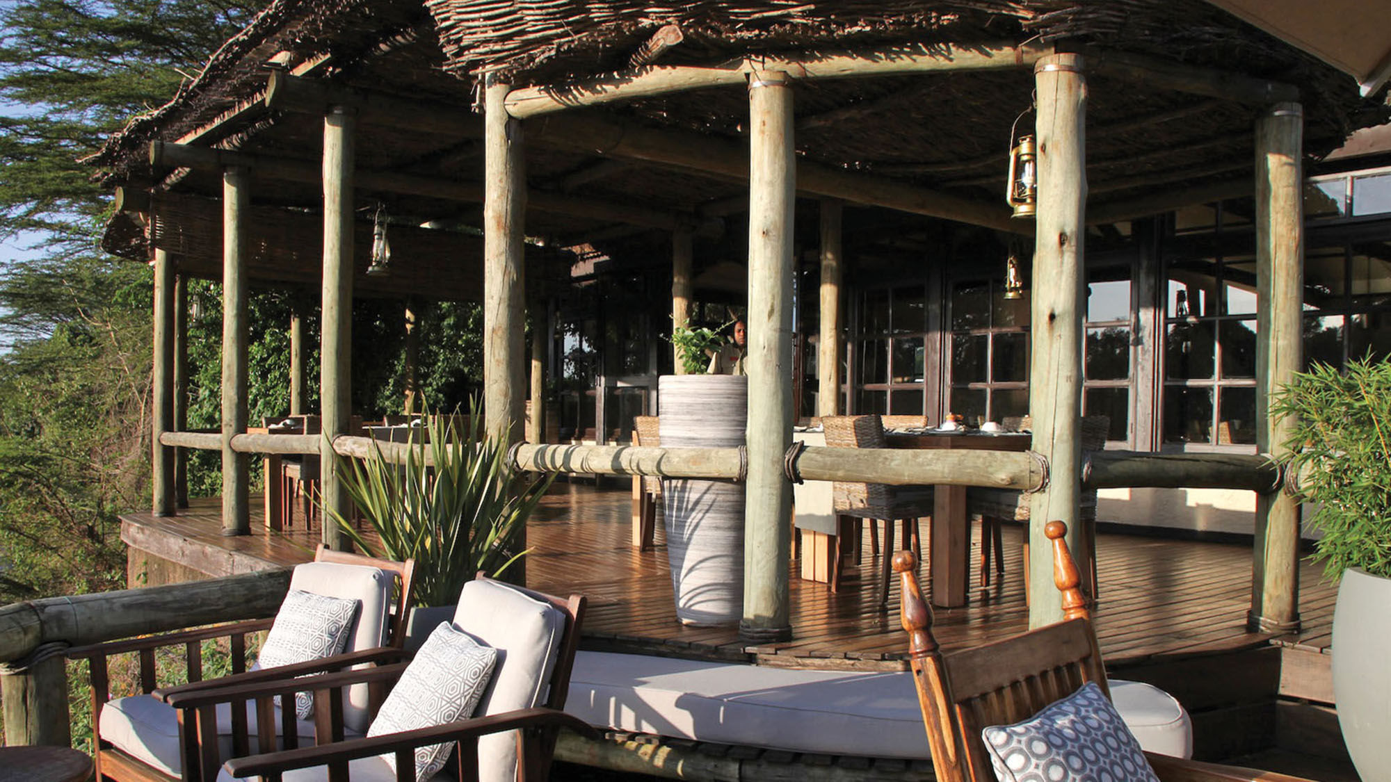The terrace at Sanctuary Olonana, which is located on the Transmara Conservancy abutting the Maasai Mara National Reserve.
