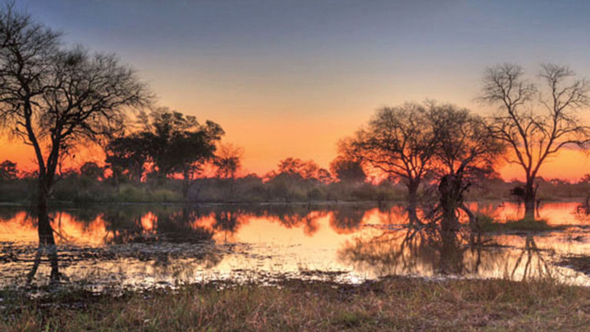 Sunset inside Moremi Wildlife Reserve, on the eastern side of the Okavango Delta in Botswana.
