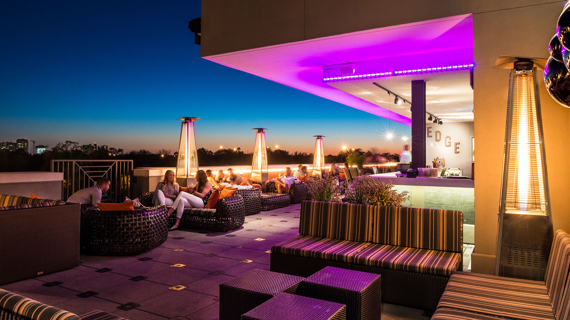The Epicurean's Edge cocktail bar is situated on the hotel's roof, offering 270-degree views of Tampa's skyline and the Bayfront.