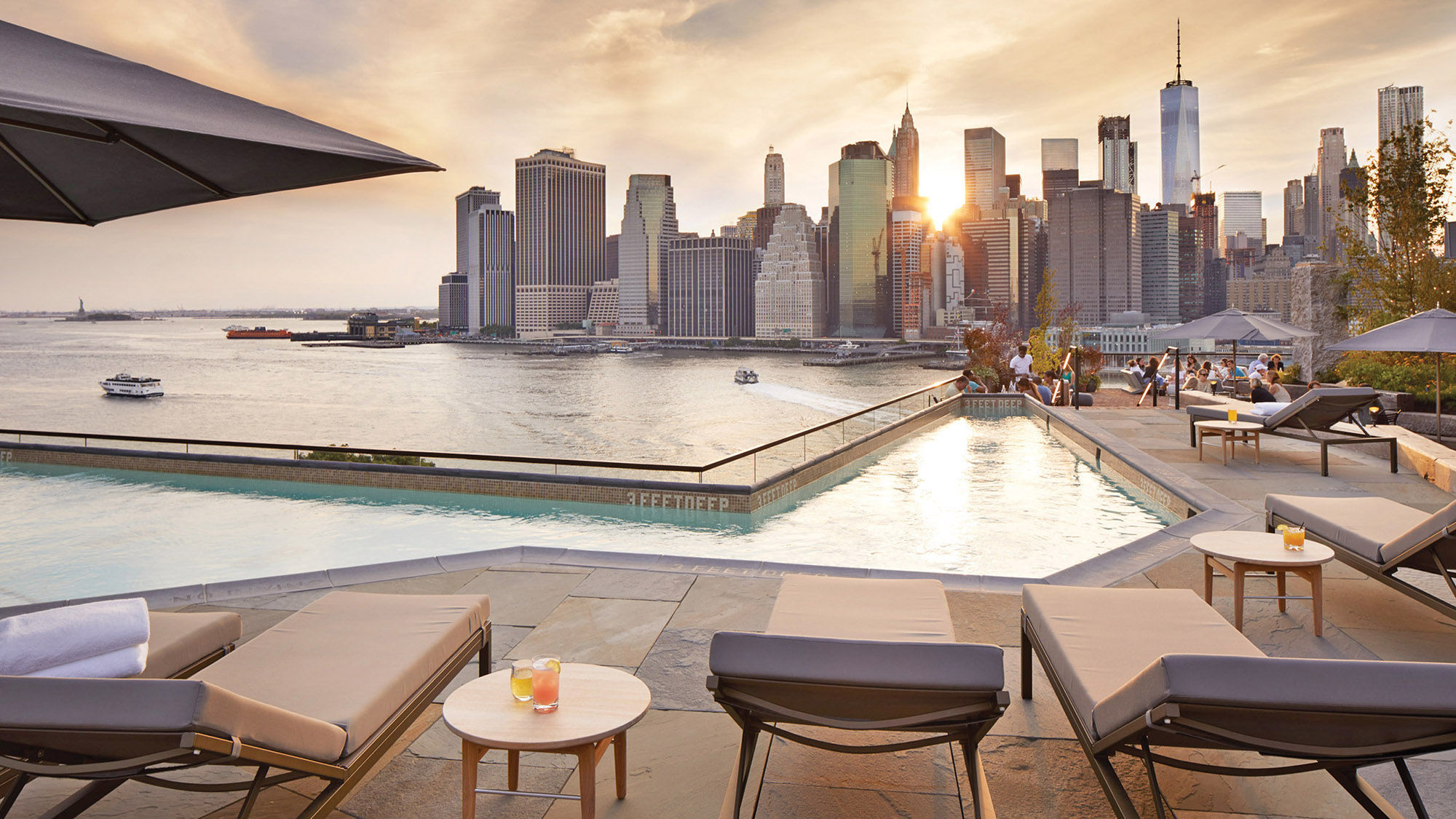 New York’s 1 Hotel Brooklyn Bridge opened in February and features a rooftop pool and deck with views of Lower Manhattan.