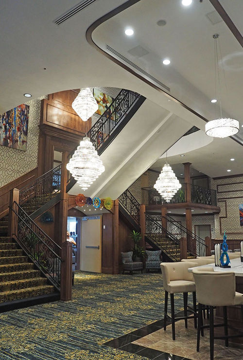 The ship’s lobby, which features soaring ceilings and modern art.
