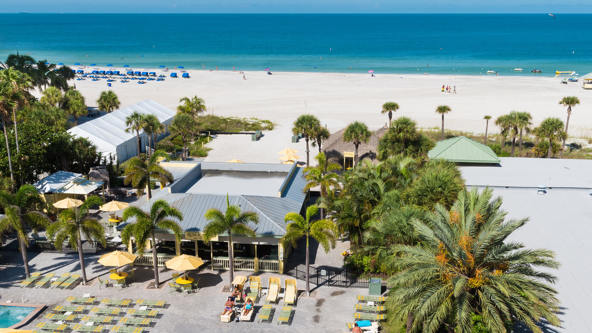 The pool area and private beach at the Sirata Beach Resort.
