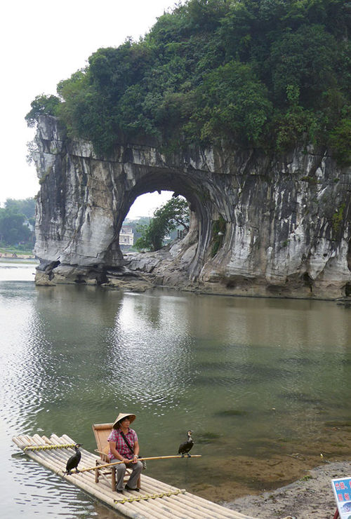 A man uses trained cormorants to fish in Guilin’s Elephant Hill Park, named for the rock formation behind him. A man uses trained cormorants to fish in Guilin’s Elephant Hill Park, named for the rock formation behind him.
