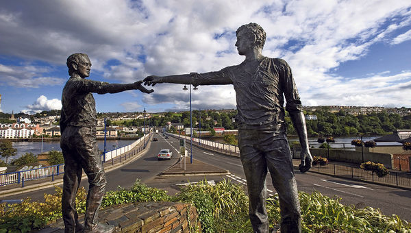 The bronze Hands Across the Divide sculpture in Derry. The bronze Hands Across the Divide sculpture in Derry.