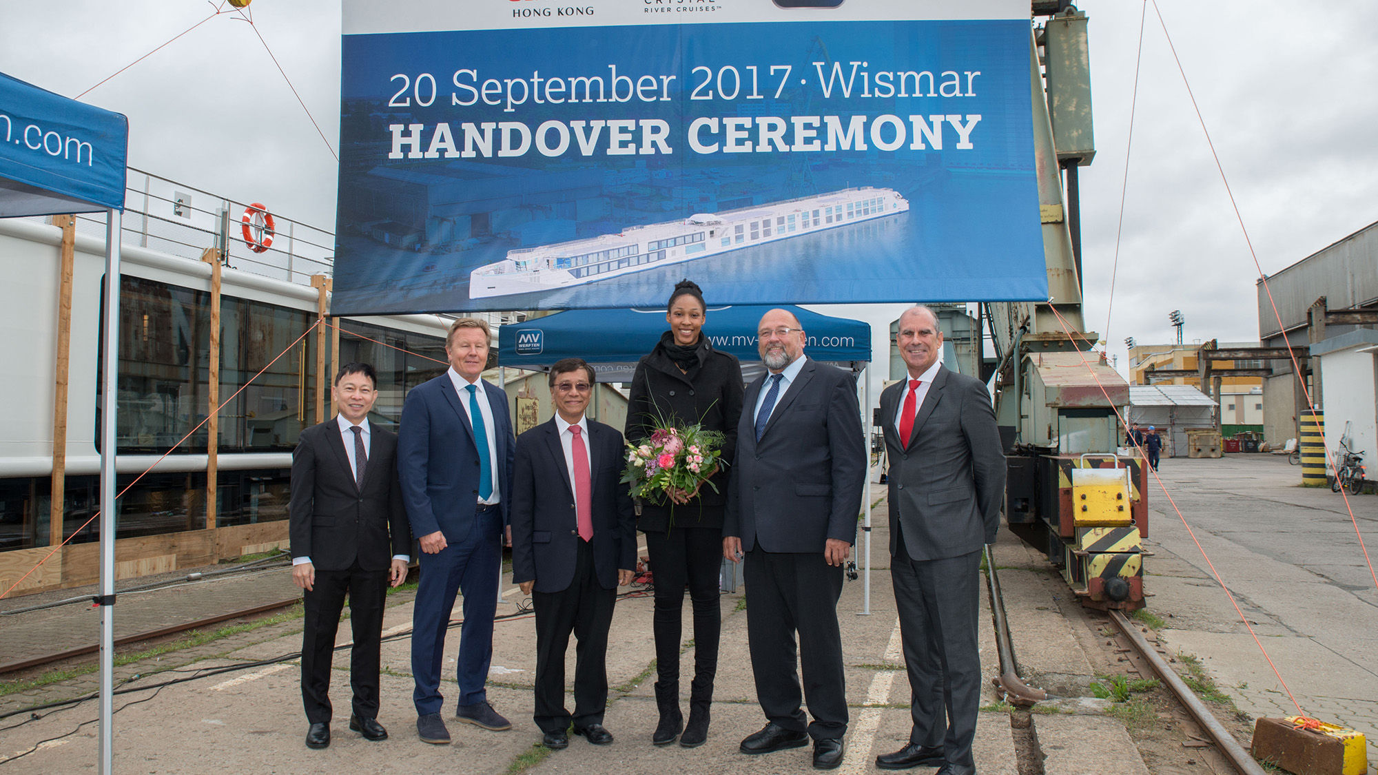 At the Crystal Mahler's handover ceremony in Germany were (from left) Colin Au, Genting Hong Kong; Gustaf Gronberg, Genting Cruise Lines; Tan Sri Lim Kok Thay, Genting Hong Kong chairman; Lauren Barfield, Crystal Mahler godmother; Harry Glawe, Mecklenburg-Vorpommern's economics minister; and new Crystal Cruses CEO Tom Wolber.