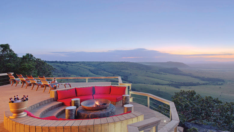 The viewing area and fire pit at Angama Mara, located about 1,000 feet above the Maasai Mara.