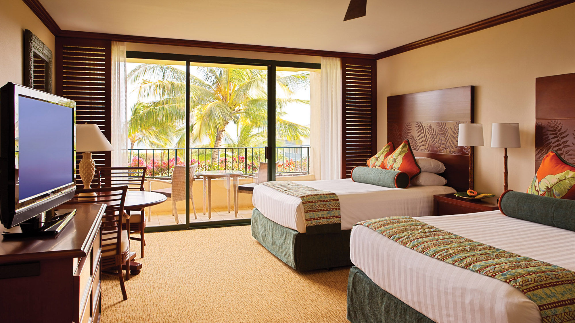 A double room at the Grand Hyatt Kauai Resort & Spa. The 602-room property is just east of Poipu Beach.