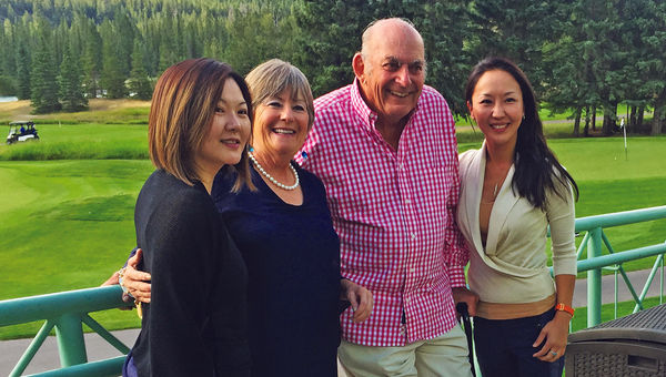 Arthur Tauck Jr. was in Banff and attended a final night reception on a tour this summer. Posing for a photo with him are, from left, Aeri Yun, tour leader Dale Spurrell and Juri Yun.