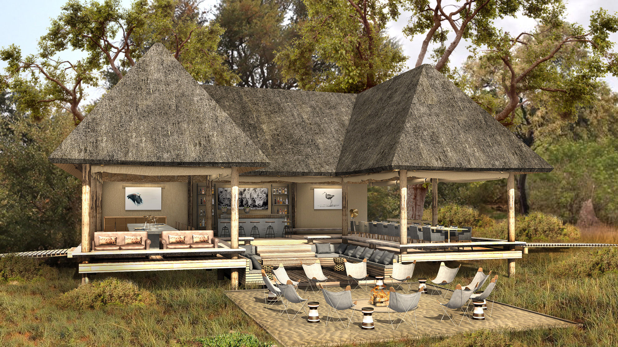 A rendering of the public spaces at the Pangolin Khwai Camp in Botswana.